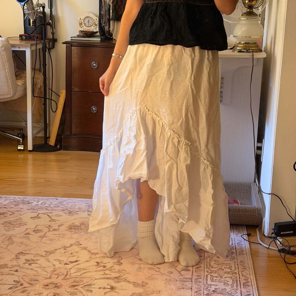 OUT of OFFICE Trina Turk white asymmetric hem Linen Maxi Skirt Small